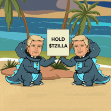 a cartoon of two men dressed as dinosaurs holding a sign that says hold $ tzilla