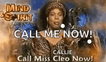 a woman in a zebra print dress is holding a gun and says `` call me now ! ''