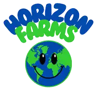a logo for horizon farms shows a smiling globe