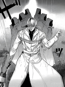 a drawing of a man in a white coat