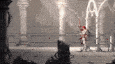 a pixelated image of a person holding a sword in a hallway