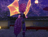 a video game character with purple hair and wings