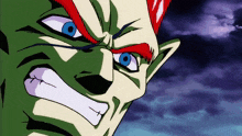 a close up of a cartoon character 's face with a blue eye