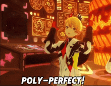 a video game character is standing in front of a screen that says " poly-perfect "