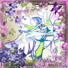 a picture of zephyr of life with purple flowers and butterflies