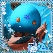 a picture of a person kissing a blue monster with the words hottie on the bottom right