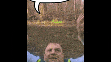 a man wearing a yellow vest and tie is screaming with a speech bubble above him .