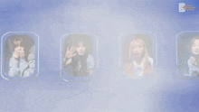 four women are looking out of a blue airplane window with the letter d on it