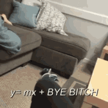 a person is sitting on a couch with the words y = mx + bye bitch written on the floor
