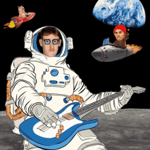 a man in a space suit is holding a guitar