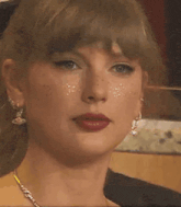 a close up of a woman 's face with a lot of makeup on it .