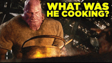 a man with a pot in front of him with the words what was he cooking above him