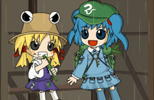 a cartoon of a girl with a frog hat and a girl with a green hat with the letter r on it