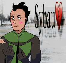 a cartoon drawing of a man with glasses and the word sybau behind him