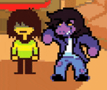 two pixel art characters , kris and susie , are standing next to each other in a video game .