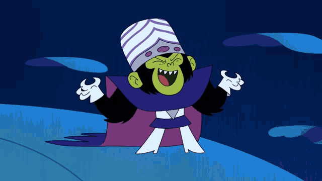 a cartoon character is wearing a purple cape and a purple hat