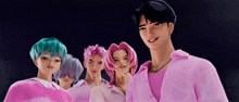 a group of cartoon characters standing next to each other wearing pink shirts
