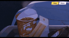 a cup of food sits next to a box of sandwiches and a button that says auto and menu