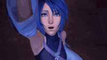 a video game character with blue hair and purple gloves is praying