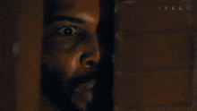 a close up of a man 's face behind a wooden wall with spell written on it