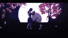 a man and woman are dancing in front of a full moon