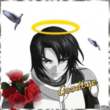 a picture of a man with a halo on his head and the words goodbye on the bottom