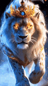 a white lion with a gold crown on its head is running in the dark .