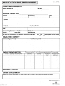 a white application for employment form with employment history written on it