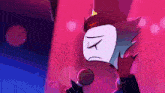 a cartoon character is singing into a microphone while wearing a top hat