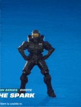 a video game character named the spark is dancing on a blue background