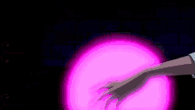 a person 's hand is reaching out towards a purple light .