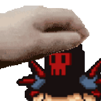 a pixel art of a hand reaching for a skull