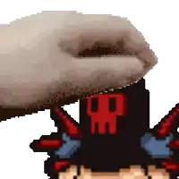 a pixel art of a hand reaching for a skull