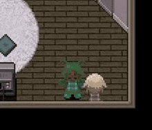 a pixel art scene of a room with a brick wall and a rug