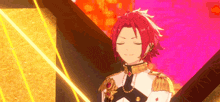 a anime character with red hair and gold armor is standing in front of a pink wall .