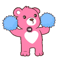 a pink teddy bear with blue pom poms and a youtube logo