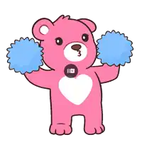 a pink teddy bear with blue pom poms and a youtube logo