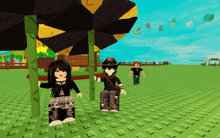 a girl and a boy are standing under a umbrella in a video game