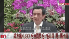 a man in a suit and tie is standing in front of a bunch of purple flowers
