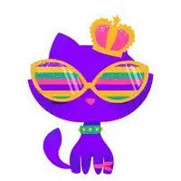 a purple cat wearing sunglasses and a crown is kissing a pink heart