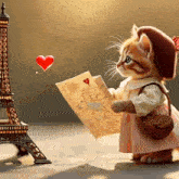 a kitten is standing in front of the eiffel tower and holding a map