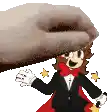 a cartoon character in a tuxedo and bow tie is being touched by a cat 's paw .