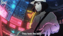 a cartoon character says they took the bait in front of a screen