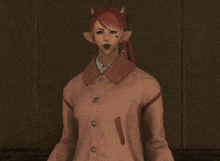 a woman with red hair and ears is wearing a pink jacket