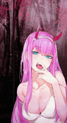 a girl with pink hair and horns is covering her mouth