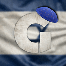 the letter g is against a blue and white flag