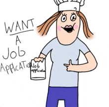 a woman in a chef hat holds a job application