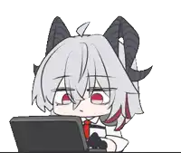 a cartoon of a girl with horns using a laptop