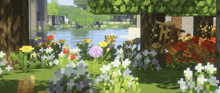 a video game scene with flowers and trees and a river in the background