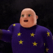 a bald cartoon character is wearing a purple sweater with stars on it and asking if he is from ohio or something .